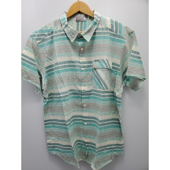 Columbia Shirt‎ Mens XL Green Striped Short Sleeve Flap Pocket Regular Fit - Picture 1 of 11